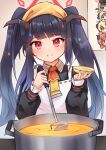  5girls :d akari_(blue_archive) apron black_hair blonde_hair blue_archive blue_eyes blunt_bangs chibi chibi_inset commentary_request cooking cooking_pot demon_girl demon_horns frilled_apron frills fuuka_(blue_archive) grey_eyes grey_hair hair_between_eyes haruna_(blue_archive) hat highres holding holding_ladle holding_plate horns izumi_(blue_archive) junko_(blue_archive) ladle long_hair long_sleeves multiple_girls ohbuya peaked_cap peeking_out plate red_eyes redhead school_uniform serafuku sidelocks simple_background single_wing smile solo_focus twintails wings yellow_headwear 