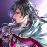  1boy armor black_hair cloak closed_mouth constantine_xi_(fate) earrings expressionless fate/grand_order fate_(series) gradient_background grey_eyes hair_between_eyes heki0529 jewelry light_particles long_hair looking_to_the_side male_focus profile purple_background solo tassel upper_body white_armor white_cloak 