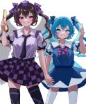  2girls :d black_necktie black_thighhighs blue_bow blue_eyes blue_hair blue_shirt blue_skirt blue_vest bow cellphone checkered_clothes checkered_skirt cirno collared_shirt commentary cosplay detached_wings grin hair_bow hat himekaidou_hatate himekaidou_hatate_(cosplay) holding holding_hands holding_phone ice ice_wings looking_at_another medium_hair mikan_(manmarumikan) miniskirt multiple_girls necktie phone pink_necktie pink_shirt purple_bow purple_headwear purple_shirt shirt short_hair simple_background skirt smile standing thigh-highs tokin_hat touhou twintails two_side_up vest violet_eyes white_background white_thighhighs wings 