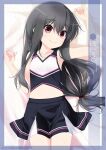  1girl alternate_costume artist_name black_hair black_skirt character_name cheerleader commentary_request cowboy_shot flat_chest hatsushimo_(kancolle) highres inaba_shiki kantai_collection long_hair looking_at_viewer low-tied_long_hair lying multicolored_shirt pleated_skirt red_eyes shirt skirt sleeveless sleeveless_shirt smile solo 