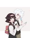  1boy 1girl alluka_zoldyck bag black_hair black_shirt blue_eyes blush brother_and_sister bubble_tea cellphone female_child food hair_ornament hairband highres hunter_x_hunter killua_zoldyck looking_at_viewer male_child phone popsicle school_bag school_uniform shirt siblings simple_background skirt white_background yuu_0442 