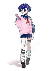  1boy absurdres androgynous bag bandaid bandaid_on_face bandaid_on_knee bandaid_on_leg bandaid_on_nose black_choker blue_sailor_collar blue_skirt bridal_garter chayuzi choker crossdressing ear_piercing earrings full_body genshin_impact hair_ornament hairpin highres holding holding_phone jewelry leg_warmers loafers long_sleeves male_focus multiple_earrings phone piercing pink_sweater purple_hair sailor_collar scaramouche_(genshin_impact) school_bag shoes short_hair skirt solo star_(symbol) star_hair_ornament sweater thigh_strap violet_eyes white_background white_leg_warmers 