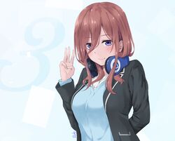  1girl black_jacket blazer blue_cardigan blue_eyes blush breasts brown_hair cardigan closed_mouth collared_shirt go-toubun_no_hanayome hair_between_eyes headphones headphones_around_neck highres jacket large_breasts long_hair long_sleeves looking_at_viewer nakano_miku open_clothes open_jacket ricky_(haye4843) school_uniform shirt sidelocks smile solo upper_body white_shirt 