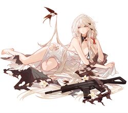  1girl apc556_(girls&#039;_frontline) bare_shoulders barefoot bird black_gloves blue_eyes elbow_gloves flower girls_frontline gloves hair_flower hair_ornament highres legs long_hair looking_at_viewer satsuya solo swallow_(bird) toenails toes white_hair 