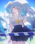  1girl absurdres bag blue_eyes blue_hair blue_skirt blue_sky clouds cloudy_sky hatsune_miku highres light_blue_hair long_sleeves mihoranran neckerchief ocean sailor_collar school_bag shirt short_sleeves shoujo_rei_(vocaloid) skirt sky solo twintails vocaloid wavy_hair white_sailor_collar white_shirt yellow_neckerchief 