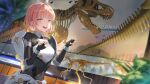  1girl absurdres armor armored_boots black_bodysuit blush bodysuit boots breastplate dinosaur goddess_of_victory:_nikke hair_ornament headgear highres looking_at_viewer mrr_05 museum noah_(nikke) open_mouth pink_eyes pink_hair short_hair shoulder_armor skeleton smug solo standing thigh_boots 