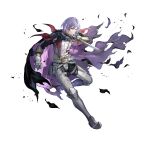  1boy belt black_cape cape clenched_teeth dagger damaged fire_emblem fire_emblem:_three_houses fire_emblem_heroes holding holding_dagger holding_knife holding_weapon knife leg_armor looking_at_viewer medium_hair official_art one_eye_closed purple_cape purple_hair solo teeth torn_cape torn_clothes violet_eyes weapon white_background yuri_leclerc 