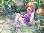  1girl blonde_hair blush brown_headwear closed_mouth commentary flower frog hat hat_removed headwear_removed highres lily_pad long_hair long_sleeves looking_at_viewer moriya_suwako no_shoes pink_flower pond purple_skirt purple_vest shirt shouxishao_jiuyuan skirt smile solo symbol-only_commentary thick_eyebrows touhou vest white_shirt wide_sleeves yellow_eyes 