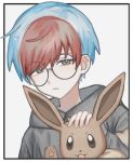  1girl blue_hair border closed_mouth commentary eevee glasses grey_eyes hand_on_another&#039;s_head hood hood_down hoodie multicolored_hair penny_(pokemon) pokemon pokemon_(creature) pokemon_(game) pokemon_sv redhead reguris round_eyewear short_hair two-tone_hair upper_body white_background white_border 