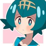  1girl aqua_eyes blue_sailor_collar blush border bright_pupils closed_mouth collarbone commentary_request freckles green_hair hairband lana_(pokemon) looking_at_viewer mizu_majuu_(waterman10) no_sclera outline pink_background pokemon pokemon_(game) pokemon_sm portrait sailor_collar short_hair solo white_border white_pupils yellow_hairband 