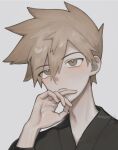  1boy blue_oak brown_eyes brown_hair closed_mouth frown grey_background hair_between_eyes hand_up highres looking_up male_focus pokemon pokemon_(game) pokemon_rgby reguris short_hair solo twitter_username upper_body watermark 