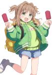  +_+ 1girl :d backpack bag bare_legs blue_shorts brown_hair commentary drawstring eyes_visible_through_hair fang food green_eyes green_hoodie green_jacket hair_intakes highres hood hoodie jacket long_sleeves looking_at_viewer medium_hair oka_asahi onii-chan_wa_oshimai! open_clothes open_jacket open_mouth popsicle puffy_long_sleeves puffy_sleeves shorts simple_background smile socks solo tetesudeesu two_side_up white_background white_socks 