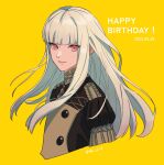  1girl 2023 4ki_ori9 blunt_bangs buttons commentary_request cropped_torso dated english_text fire_emblem fire_emblem:_three_houses garreg_mach_monastery_uniform happy_birthday highres lips long_hair looking_at_viewer lysithea_von_ordelia pink_eyes pink_lips simple_background smile solo twitter_username uniform white_hair yellow_background 