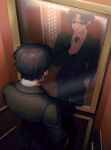  1boy absurdres adjusting_clothes black_eyes black_hair chrollo_lucilfer commentary_request earrings elevator formal from_behind hand_in_pocket highres hunter_x_hunter jewelry looking_at_mirror male_focus mirror necktie reflection short_hair smnsutycoc solo suit 