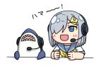  1girl blue_eyes commentary_request grey_hair grey_sailor_collar hair_ornament hair_over_one_eye hairclip hama!_(3toshinhmkz) hamakaze_(kancolle) headphones headset kantai_collection microphone neckerchief no_nose sailor_collar school_uniform serafuku short_hair simple_background smile solo stuffed_animal stuffed_shark stuffed_toy upper_body white_background yellow_neckerchief 