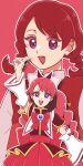  1girl back_bow bow braid detached_sleeves dress hair_bow highres long_hair magical_girl original precure prm820katsuo red_bow red_dress redhead smile solo swept_bangs twin_braids violet_eyes white_sleeves 