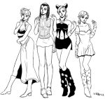  4girls applying_makeup bare_shoulders boots double_bun dreadlocks dress ermes_costello hage_tashuumi hair_bun jojo_no_kimyou_na_bouken kujo_jolyne lucy_steel midriff miniskirt monochrome multicolored_hair multiple_girls ribbed_sweater short_dress side_slit skirt sleeveless sleeveless_turtleneck steel_ball_run stone_ocean sweater turtleneck two-tone_hair vento_aureo 