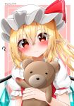  1girl ? blonde_hair blood blush flandre_scarlet hat head_tilt highres holding holding_stuffed_toy kaede_(kaede_fs495) looking_at_viewer mob_cap one_side_up outline pink_background pointy_ears puffy_short_sleeves puffy_sleeves red_eyes red_vest short_sleeves simple_background solo stuffed_animal stuffed_toy teddy_bear touhou upper_body vest white_outline wings 