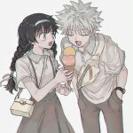 1boy 1girl alluka_zoldyck bag black_dress black_hair blue_eyes blush braid brother_and_sister closed_eyes dress eating food french_braid hair_ornament hairband hands_in_pockets highres holding_ice_cream hunter_x_hunter ice_cream killua_zoldyck long_hair looking_at_another male_child messy_hair nnnt0c0 open_mouth shirt short_hair shoulder_bag siblings simple_background surprised twin_braids twintails watch white_hair white_shirt