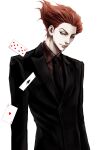  1boy alternate_costume card commentary_request earrings formal highres hisoka_morow hunter_x_hunter jewelry looking_at_viewer male_focus necktie playing_card red_shirt redhead shirt short_hair simple_background skywaltz05 solo suit white_background yellow_eyes 
