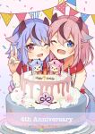  &gt;_&lt; 2girls anniversary bare_shoulders birthday birthday_cake blue_eyes blue_hair blush braid cake candle cheek-to-cheek collar commentary confetti cream flower food fruit gradient_background gradient_hair hair_flaps happy_birthday heads_together highres horns long_hair mamemamema meika_hime meika_mikoto multicolored_hair multiple_girls one_eye_closed open_mouth pink_flower pink_hair red_collar red_eyes side-by-side smile strawberry string_of_flags v vocaloid white_flower 