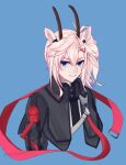  1girl animal_ears arknights black_jacket blue_background blue_eyes closed_mouth commentary_request cropped_torso earthspirit_(arknights) hair_between_eyes haiteng horns jacket looking_at_viewer simple_background smile solo upper_body white_hair 