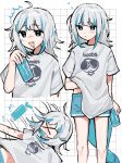  1girl blue_eyes blue_hair blue_shorts can emne fins fish_tail gawr_gura grey_hair grey_shirt highres holding holding_can hololive hololive_english multicolored_hair open_mouth shark_girl shark_tail shirt shorts streaked_hair tail virtual_youtuber 