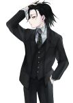  1boy alternate_costume alternate_hairstyle feitan_portor formal hair_slicked_back hand_in_pocket hand_on_own_head highres hunter_x_hunter male_focus necktie shiroabe simple_background solo suit violet_eyes white_background 