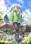 1girl aqua_eyes aqua_hair black_pantyhose blue_shorts chair clouds cloudy_sky commentary_request copyright crypton_future_media cup daidou_(demitasse) dandelion day dress falling_leaves falling_petals flower folding_chair from_below green_jacket hair_intakes hatsune_miku holding holding_cup jacket kettle leaf leaning_back leaning_on_table light_blush lily_of_the_valley logo long_hair looking_at_viewer nature net official_art open_mouth outdoors pantyhose pantyhose_under_shorts petals shorts shorts_under_dress sky smile solo sunlight table twintails very_long_hair vocaloid white_dress white_flower yellow_flower 
