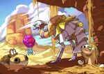  boulder clouds colored_sclera desert espathra green_sclera highres hippopotas hippopotas_(male) looking_at_another no_humans outdoors pokemon pokemon_(creature) q-chan rabsca rock sand shade silicobra 