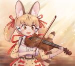  1girl animal_ears belt bow bow_(music) bowtie brown_eyes brown_hair cat_ears cat_girl cat_tail extra_ears highres instrument kemono_friends kemono_friends_v_project large-spotted_genet_(kemono_friends) long_hair open_mouth ribbon shirt skirt solo suspenders tail twintails violin virtual_youtuber zzz_ansh 