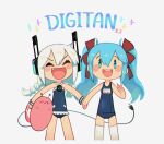  2girls :d ^_^ aqua_eyes bare_arms bare_shoulders blue_hair blue_one-piece_swimsuit blush bracelet braid breasts chibi closed_eyes digitan digitan_(porforever) fang grey_background hair_between_eyes hair_ribbon happy headphones highres jewelry long_hair looking_at_viewer multiple_girls old_school_swimsuit one-piece_swimsuit open_mouth original porforever power_symbol red_ribbon ribbon school_swimsuit simple_background small_breasts smile snail swimsuit tail thigh-highs twin_braids twintails white_hair white_thighhighs 