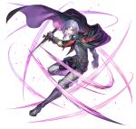  1boy belt black_cape cape dagger fire_emblem fire_emblem:_three_houses fire_emblem_heroes holding holding_dagger holding_knife holding_weapon knife leg_armor looking_at_viewer medium_hair official_art open_mouth purple_cape purple_hair slashing solo teeth violet_eyes weapon white_background yuri_leclerc 