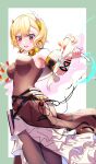  1girl absurdres belt blonde_hair citrinne_(fire_emblem) dress earrings feather_hair_ornament feathers fire_emblem fire_emblem_engage gold_choker hair_ornament highres hoop_earrings jewelry leather_wrist_straps mu_tu_bu open_mouth pantyhose red_eyes short_hair simple_background smile solo 