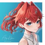  1girl akechi_(akechi_5416) ange_katrina blue_eyes commentary_request earrings hair_intakes hair_ornament hairclip halterneck highres jewelry nijisanji ponytail redhead shirt short_hair smile solo virtual_youtuber white_shirt 