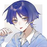  1boy absurdres blue_sweater border chayuzi collared_shirt ear_piercing earrings genshin_impact grey_background highres jewelry long_sleeves looking_at_viewer male_focus multiple_earrings piercing purple_hair scaramouche_(genshin_impact) shirt short_hair smile solo sweater tongue tongue_out twitter_username violet_eyes white_border white_shirt 