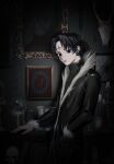  1boy absurdres black_eyes black_hair black_jacket bug candle chrollo_lucilfer commentary_request dark earrings hand_in_pocket heart_(organ) highres hunter_x_hunter indoors jacket jewelry looking_at_viewer male_focus painting_(object) short_hair smnsutycoc solo spider 