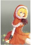  1girl aegis_(persona) alternate_costume android aqua_eyes black_bow blonde_hair border bow chel_(chelsea106) dress fur_trim hairband headphones highres hood light_particles looking_at_viewer persona persona_3 red_dress red_hood robot santa_costume short_hair sitting solo upper_body white_border 