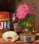  bell cup english_commentary flower food food_focus highres jelly jif_(brand) leaf no_humans noahverrier oil_painting_(medium) original painting_(medium) peanut_butter pink_flower sandwich still_life traditional_media water 