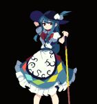  1girl 4qw5 arm_behind_head black_background black_headwear blue_hair blue_skirt bow bowtie bright_pupils center_frills closed_mouth feet_out_of_frame food frilled_skirt frills fruit hinanawi_tenshi holding holding_sword holding_weapon leaf long_hair looking_at_viewer peach pixel_art rainbow_order red_bow red_bowtie red_eyes short_sleeves simple_background skirt solo sword sword_of_hisou touhou weapon white_pupils 