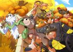  applin blue_sky carriage chesnaught chespin closed_mouth clouds ginkgo gourgeist highres looking_at_another mudbray open_mouth outdoors pokemon pokemon_(creature) pumpkaboo pumpkin q-chan rope sky sleeping smile tree 