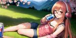  1girl :d ahoge awwesomeai bangs bare_shoulders beer_can blush brown_eyes brown_hair can cherry_blossoms cleavage collarbone eyebrows_visible_through_hair glasses grass hanami headphones holding holding_can long_hair looking_at_viewer on_grass open_mouth outdoors persona_5 pink_flower pink_shirt sakura_futaba shirt short_shorts shorts sitting sky smile soda_can solo tree 