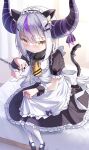  1girl absurdres ahoge alternate_costume animal_ear_fluff animal_ears apron ascot black_dress black_footwear blush braid cat_ears cat_girl cat_tail chain commentary demon_girl demon_horns dress english_commentary enmaided frilled_apron frilled_dress frills full_body glint grey_hair hair_ornament hairclip highres holding hololive horn_ornament horn_ribbon horns la+_darknesss lock long_hair looking_at_viewer maeru maid maid_apron maid_headdress multicolored_hair on_bed pantyhose parted_lips pointy_ears purple_hair purple_ribbon ribbon short_sleeves sidelocks sitting solo streaked_hair striped_horns tail virtual_youtuber white_pantyhose wrist_cuffs yellow_ascot yellow_eyes 