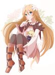  1girl blue_eyes blush boots brown_hair detached_sleeves flower gloves hair_flower hair_ornament highres long_hair marta_lualdi smile solo stuffed_toy tales_of_(series) tales_of_symphonia tales_of_symphonia_knight_of_ratatosk thigh-highs very_long_hair yutohiroya 