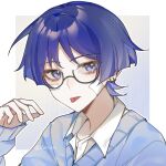  1boy absurdres blue_sweater border chayuzi collared_shirt ear_piercing earrings genshin_impact glasses grey_background highres jewelry long_sleeves looking_at_viewer male_focus multiple_earrings piercing purple_hair scaramouche_(genshin_impact) shirt short_hair smile solo sweater tongue tongue_out twitter_username violet_eyes white_border white_shirt 