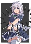  1girl apron black_background blue_dress blue_eyes border breasts dress garter_straps highres holding holding_knife izayoi_sakuya knife maid maid_headdress solo suberaku thigh-highs thighs too_many too_many_knives touhou white_apron white_border white_hair white_headdress white_thighhighs 