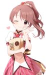  1girl absurdres bag blush bow brown_eyes brown_hair buchi_(y0u0ri_) closed_mouth dot_nose doughnut dress dress_bow food hair_ornament hair_scrunchie heart highres holding holding_bag idolmaster idolmaster_cinderella_girls idolmaster_cinderella_girls_starlight_stage long_hair looking_at_viewer ok_sign one_eye_closed pink_dress pink_ribbon ponytail ribbon scrunchie shiina_noriko short_sleeves simple_background smile solo striped striped_ribbon white_background yellow_ribbon 