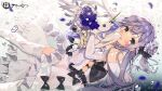  1girl azur_lane bare_shoulders black_ribbon blue_flower blush bouquet dress elbow_gloves flower gloves green_eyes hair_between_eyes hair_flower hair_ornament harunoibuki highres holding holding_bouquet horns long_hair looking_at_viewer official_art open_mouth pleated_dress purple_hair ribbon side_ponytail single_horn solo stuffed_unicorn thigh-highs underwater unicorn_(azur_lane) white_dress white_gloves white_thighhighs 