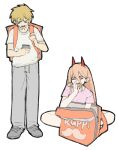  1boy 1girl backpack bag biting blonde_hair brown_hair chainsaw_man chicken_(food) chicken_leg commentary denji_(chainsaw_man) eating food hair_between_eyes highres holding holding_phone horns long_hair looking_down pantsu-ripper phone power_(chainsaw_man) red_horns sharp_teeth shirt short_hair spanish_commentary teeth white_shirt 