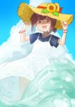  1girl :d absurdres blue_hair blue_sky brown_eyes brown_hair clouds commentary dress flower hands_on_headwear hands_up hat hat_flower hat_ribbon highres hozuki_momiji looking_at_viewer multicolored_hair onii-chan_wa_oshimai! open_mouth red_ribbon ribbon short_hair short_ponytail short_sleeves sky smile solo straw_hat sunflower tama_go two-tone_hair wading water wristband 